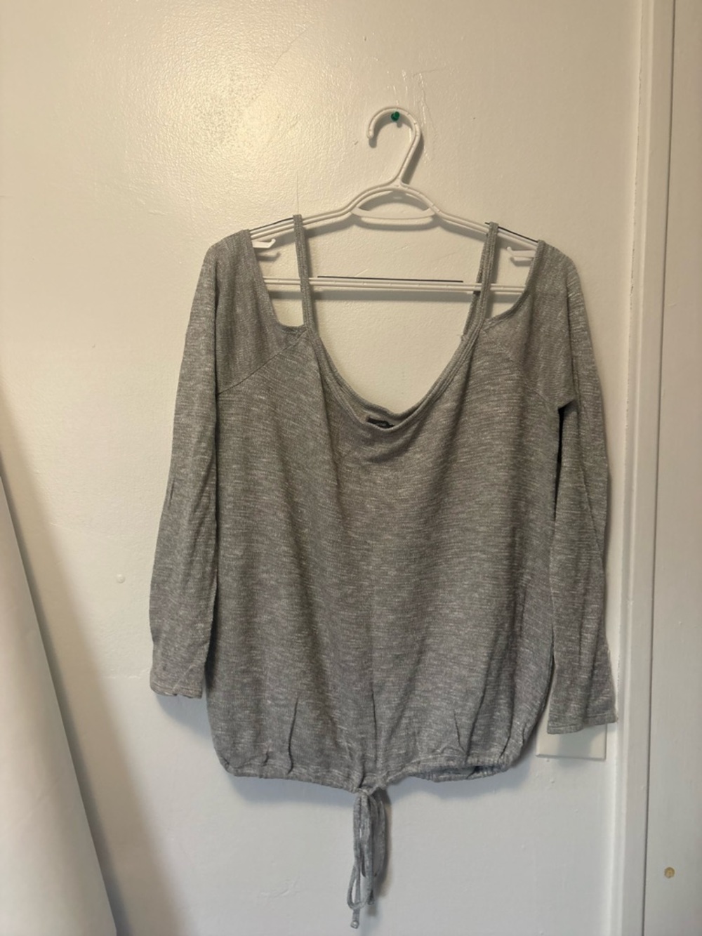 aerie Light Gray Off-Shoulder Tie-Hem Sweatshirt